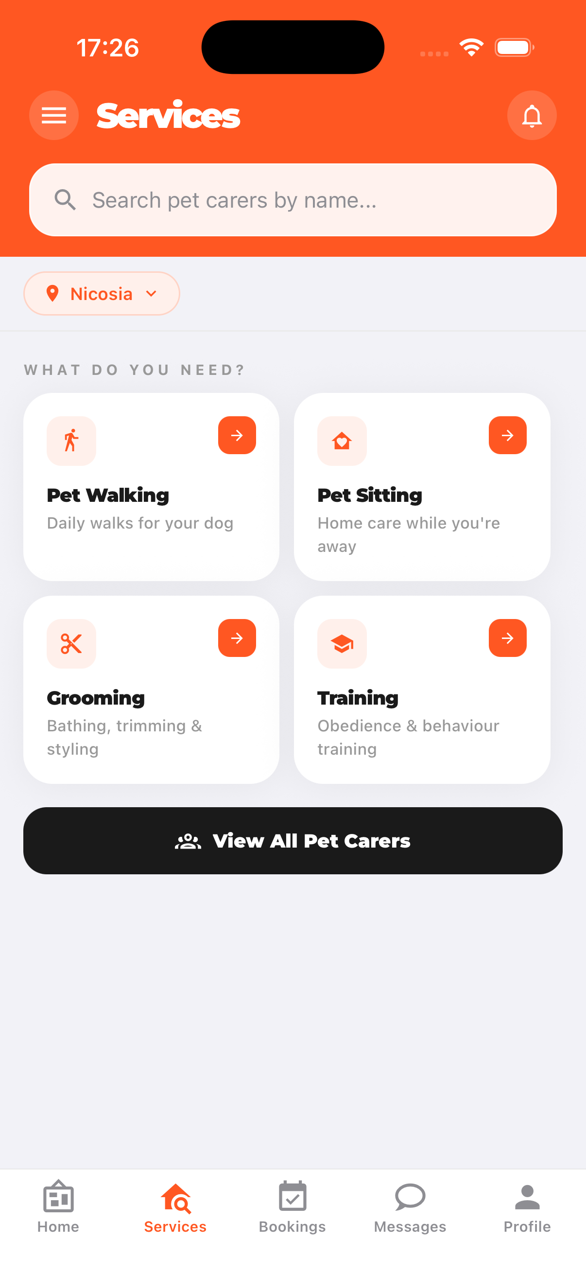 Petie services screen